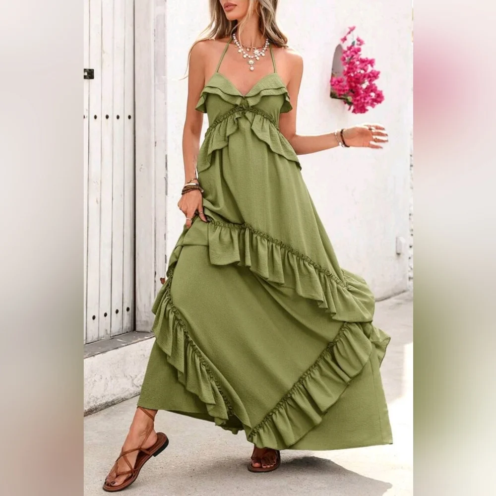 New Strappy Tie Tiered Ruffle Cami Maxi Dress Green - Picture 5 of 10